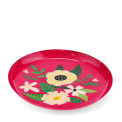 Round pink metal trinket tray with colourful floral design.