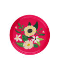 Round pink metal trinket tray with colourful floral design.