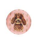 Round metal trinket tray featuring an illustrated brown dog with a decorative pattern.