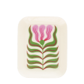 Rectangular trinket tray featuring a stylised pink and green retro floral design.