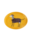Oval yellow metal tray featuring an illustrated spotted dog wearing a blue checked coat and beret.