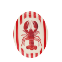 Oval metal trinket tray with a red lobster design on a red and cream striped background.
