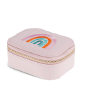 Light pink zip jewellery box with embroidered rainbow design and gold-coloured zip closure.