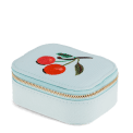 Light blue zip jewellery box with embroidered cherry design and gold-coloured zip closure.