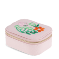 Light pink zip jewellery box with embroidered floral design and gold-coloured zip closure.