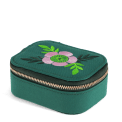 Dark green zip jewellery box with embroidered pink flower design and gold-coloured zip closure.