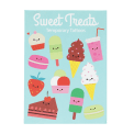 Children’s temporary tattoos featuring smiling sweets, ice creams, cakes and drinks.