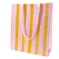 Shopping bag with pink and orange vertical stripes and matching pink carry handles.