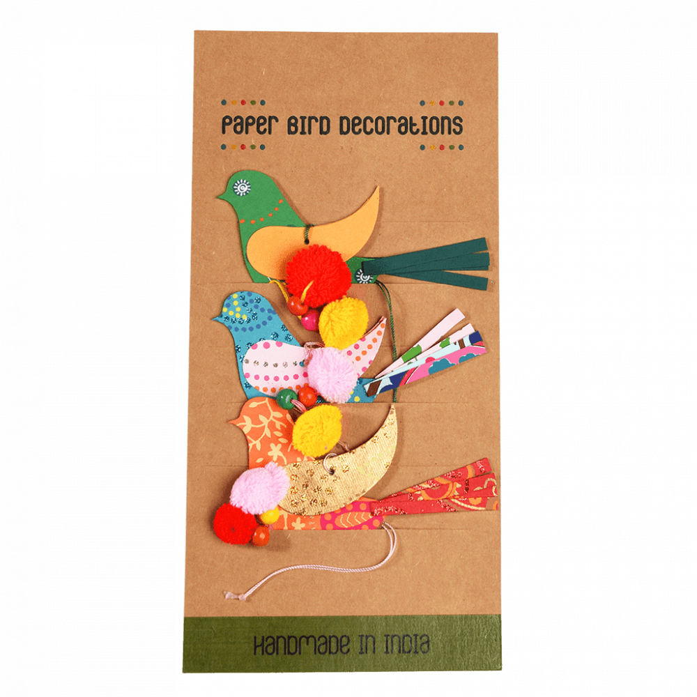 Hanging Paper Bird Decorations With PomPoms (set Of 3) ﻿Rex London