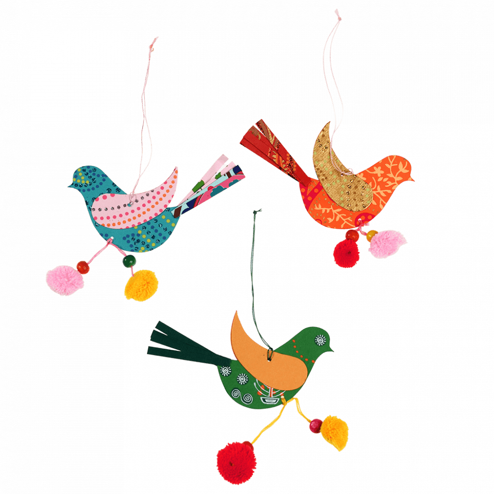 Hanging Paper Bird Decorations With PomPoms (set Of 3) ﻿Rex London