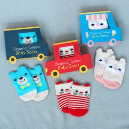 Blue bear baby sock, Red cat baby socks, Grey owl baby socks