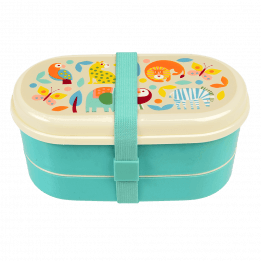 Turquoise kids bento box with cream lid and middle tray plus turquoise elastic strap featuring colourful illustrations of wild animals