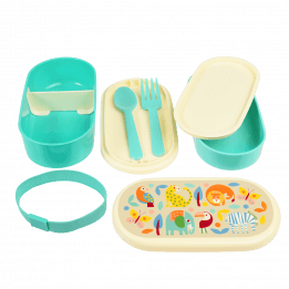 Bento box parts: base section with divider, tray with fork and spoon, middle tray, upper section, elastic strap and lid