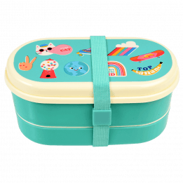 Turquoise kids bento box with cream lid and middle tray plus turquoise elastic strap featuring retro style top banana print