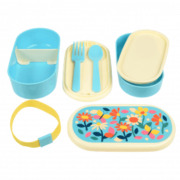 Bento box parts: base section with divider, tray with fork and spoon, middle tray, upper section, elastic strap and lid