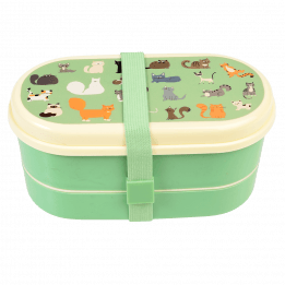 Light green kids bento box with cream lid and middle tray plus light green elastic strap featuring illustrations of cats