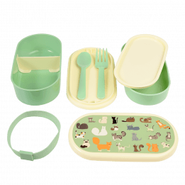 Bento box parts: base section with divider, tray with fork and spoon, middle tray, upper section, elastic strap and lid