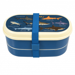 Dark blue kids bento box with cream lid and middle tray plus dark blue elastic strap featuring images of sharks