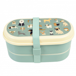 Blue-green kids bento box with cream lid and middle tray plus blue-green elastic strap featuring illustrations of dogs