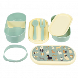 Bento box parts: base section with divider, tray with fork and spoon, middle tray, upper section, elastic strap and lid