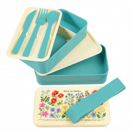 Bento box parts: tray with knife, fork and spoon, upper section with divider, middle tray, base section, lid and elastic strap