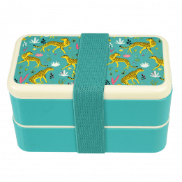 Turquoise adult bento box with cream lid and middle tray plus turquoise elastic strap featuring illustrations of cheetahs