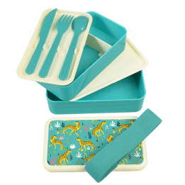 Bento box parts: tray with knife, fork and spoon, upper section with divider, middle tray, base section, lid and elastic strap