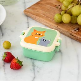 Light green plastic snack pot with cream and light green lid featuring print of ginger and grey cat
