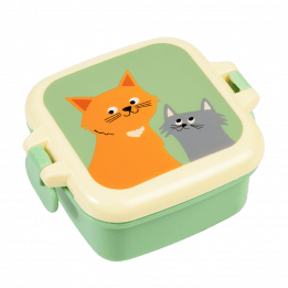 Light green plastic snack pot with cream and light green lid featuring illustrations of cats