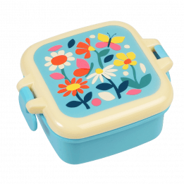 Light blue snack pot with cream and light blue lid featuring illustrations of butterflies amongst flowers