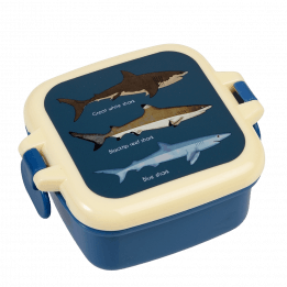 Dark blue snack pot with cream and dark blue lid featuring images of sharks