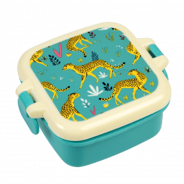 Turquoise plastic snack pot with cream and turquoise lid featuring illustrations of cheetahs