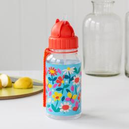 Medium size plastic water bottle for children with red lid and carry loop handle featuring butterflies amongst flowers