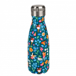 Small dark blue stainless steel water bottle with silver lid featuring fairies amongst flowers
