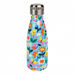 Small light blue stainless steel water bottle with silver lid featuring butterflies amongst flowers