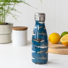 Small dark blue stainless steel water bottle with silver lid featuring pictures of sharks
