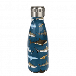 Small dark blue stainless steel water bottle with silver lid featuring pictures of sharks