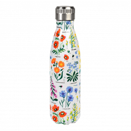 Medium size white stainless steel water bottle with silver lid featuring wild flower pattern