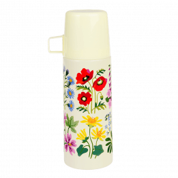 Small white stainless steel flask with cream plastic cup featuring wild flower pattern