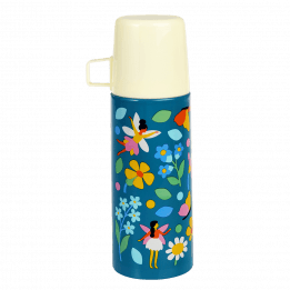 Small dark blue stainless steel flask with cream plastic cup featuring fairies amongst flowers