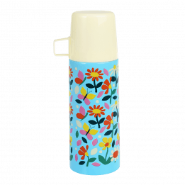 Small light blue stainless steel flask with cream plastic cup featuring butterflies amongst flowers