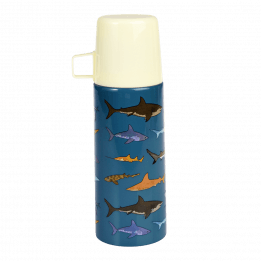 Small dark blue stainless steel flask with cream plastic cup featuring pictures of sharks