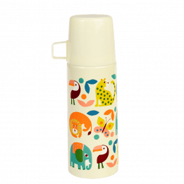 Small white stainless steel flask with cream plastic cup featuring colourful illustrations of wild animals