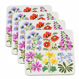 Four white wood and cork coasters featuring wild flower pattern