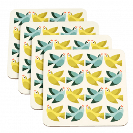 Four cream wood and cork coasters featuring bird pattern