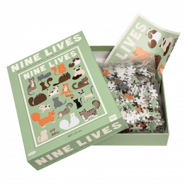 Nine Lives puzzle pieces and guide sheet in box