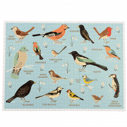 Completed 1000 piece jigsaw puzzle with illustrations of various garden birds