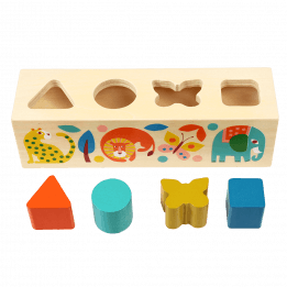 Wooden shape sorter toy with images of cheetah lion butterfly elephant