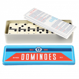 Wild Bear dominoes tin with lid removed to show instruction sheet and tiles