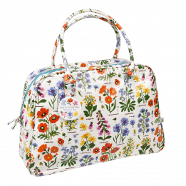 White oilcloth weekend bag with wild floral pattern